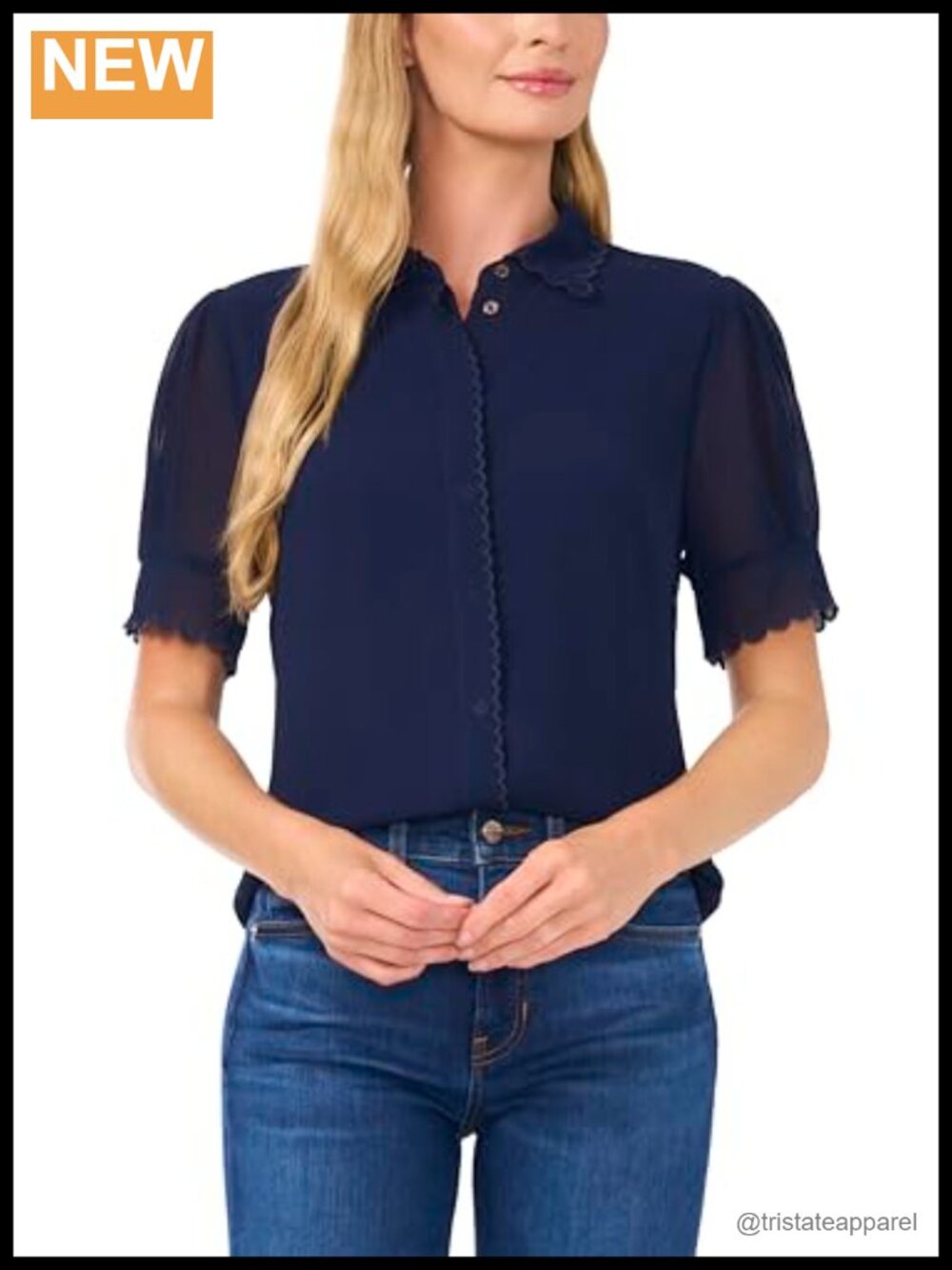 Scallop Trim Short Sleeve Button Up Blouse